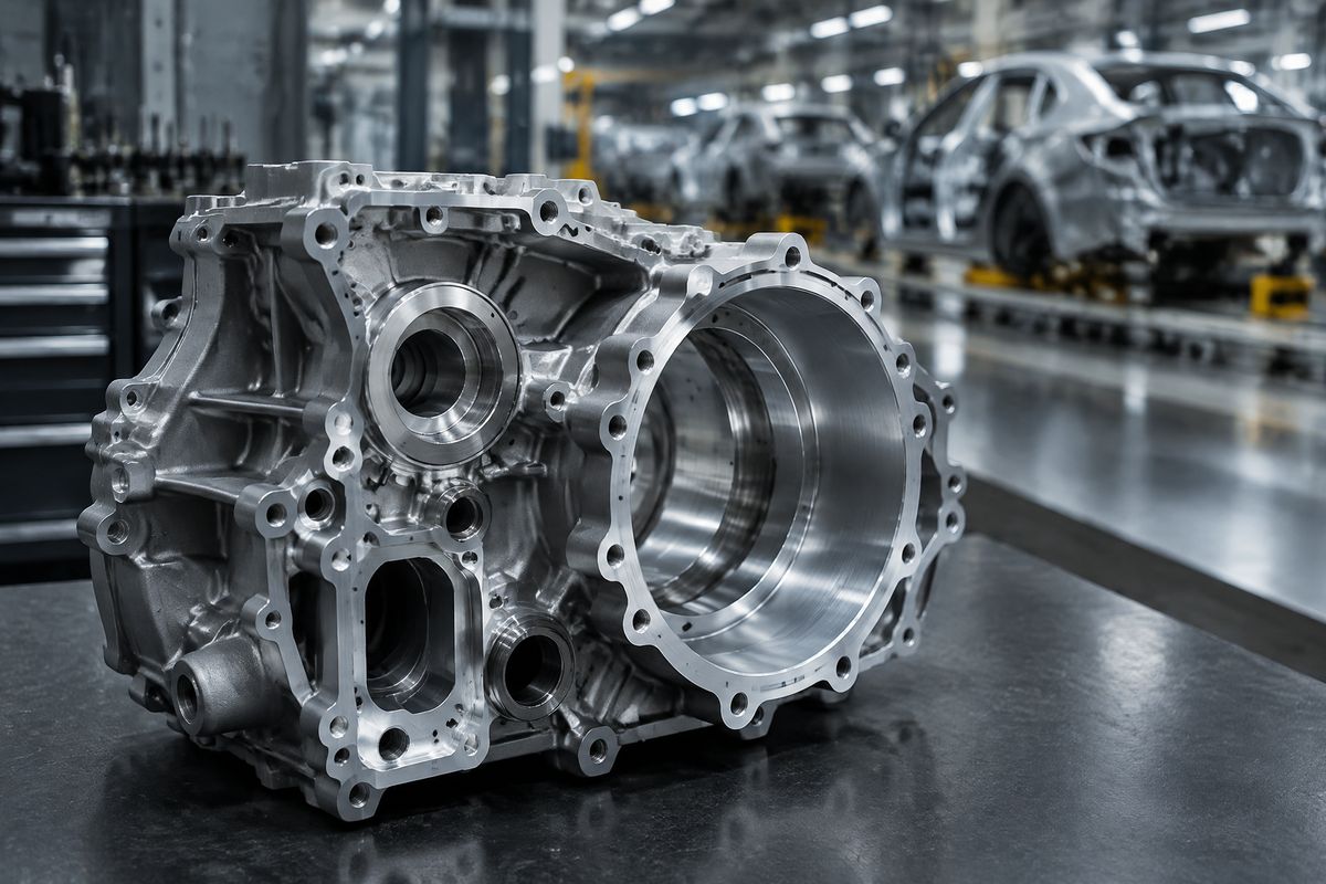 CNC-gefrästes Aluminium-Getriebegehäuse auf einer Werkbank in einer Automobil-Zulieferfertigung
