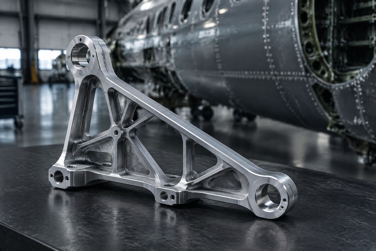 Gefräster Aluminium-Leichtbauhalter mit dünnen Rippen vor einer Flugzeugrumpfsektion