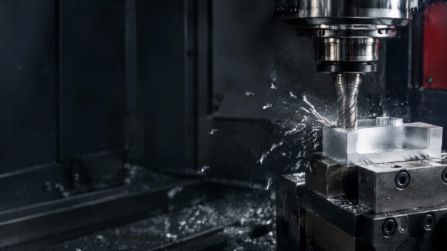 CNC-Fräser bearbeitet einen Aluminiumblock, Späne fliegen